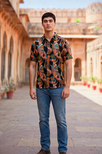 Miravan Men Orange Floral Printed  Half Sleeves  Cotton Shirt