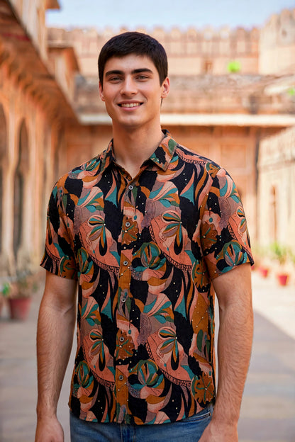 Miravan Men Orange Floral Printed  Half Sleeves  Cotton Shirt