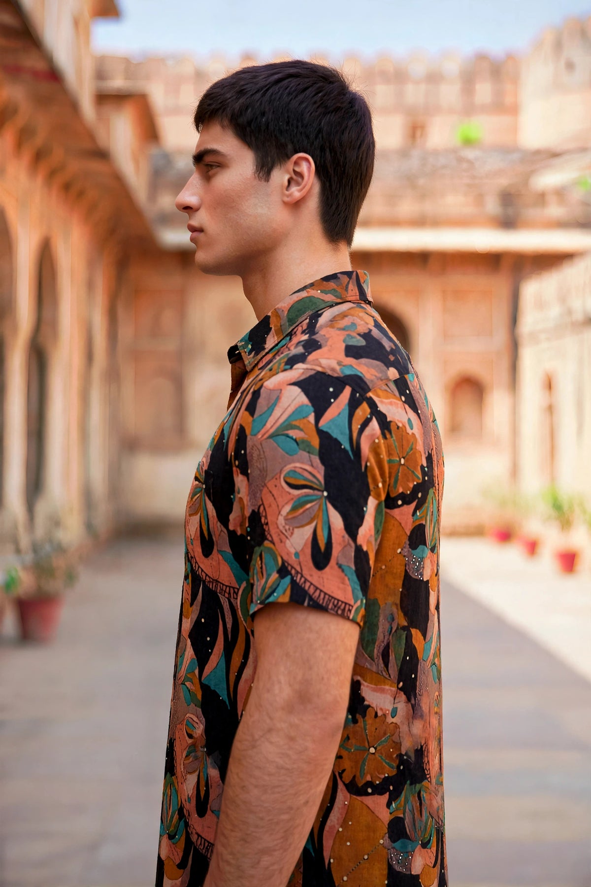 Miravan Men Orange Floral Printed  Half Sleeves  Cotton Shirt