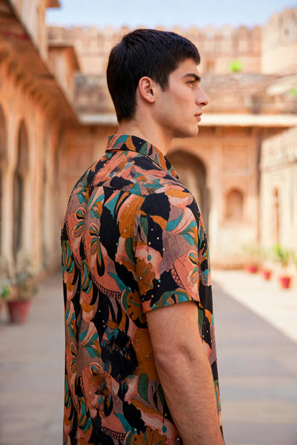 Miravan Men Orange Floral Printed  Half Sleeves  Cotton Shirt