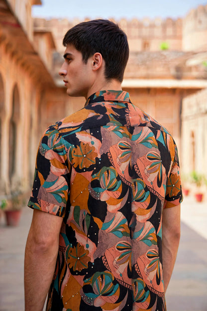 Miravan Men Orange Floral Printed  Half Sleeves  Cotton Shirt