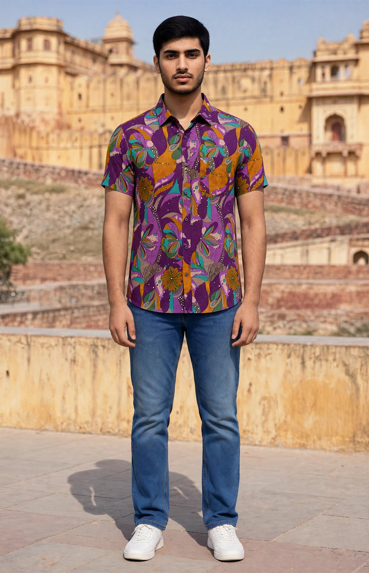 Miravan Men  Magenta  Floral Cotton Shirt - Half Sleeves
