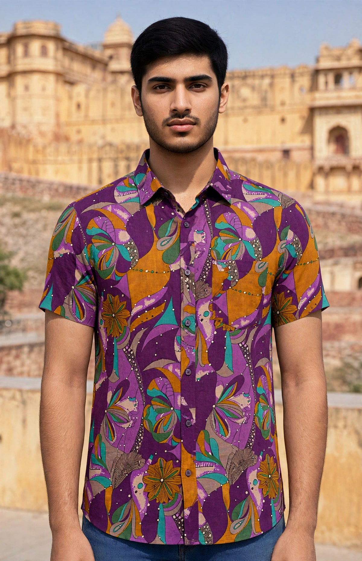 Miravan Men  Magenta  Floral Cotton Shirt - Half Sleeves