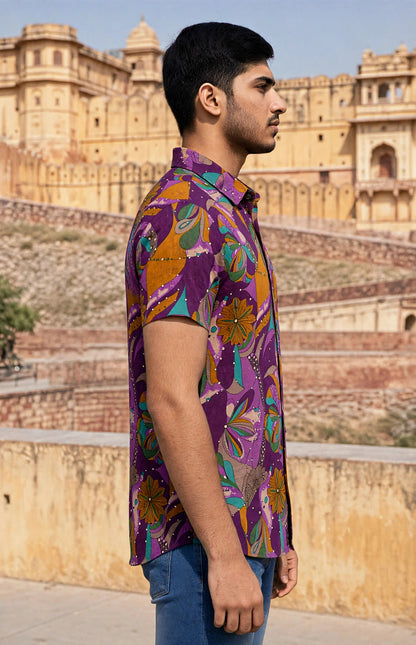 Miravan Men  Magenta  Floral Cotton Shirt - Half Sleeves