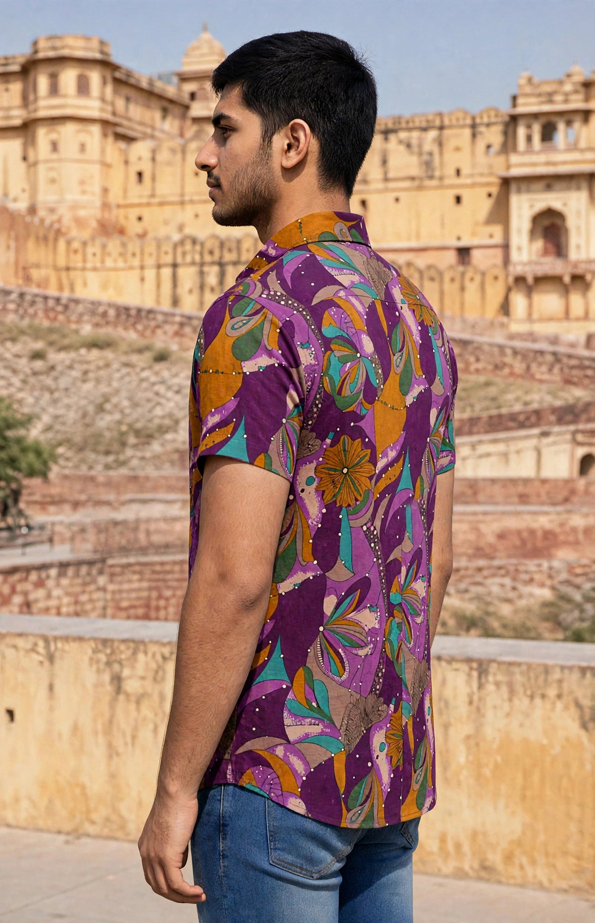 Miravan Men  Magenta  Floral Cotton Shirt - Half Sleeves