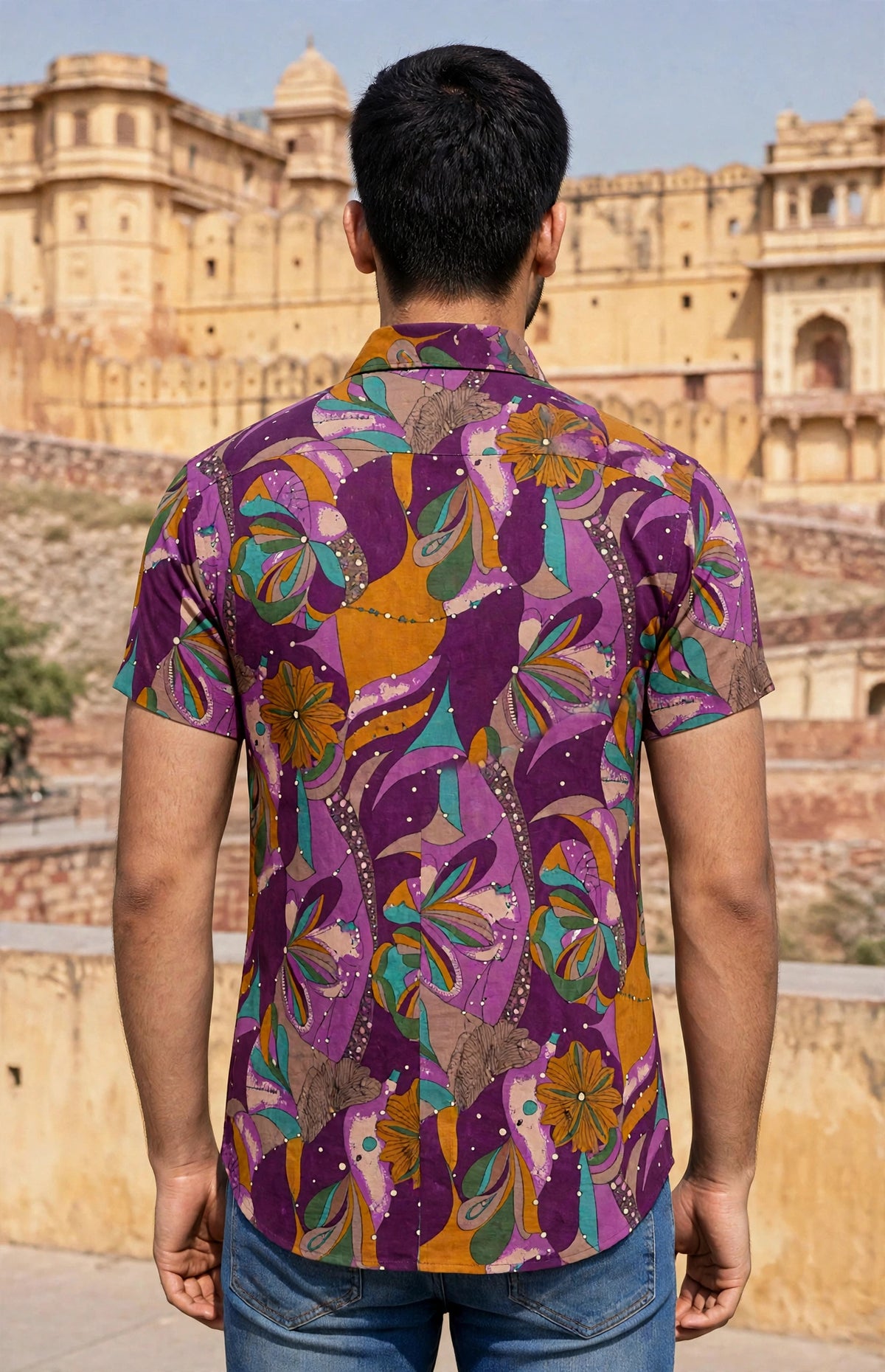 Miravan Men  Magenta  Floral Cotton Shirt - Half Sleeves