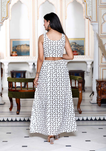 Women's White Animal Print Round Neck Top With Side Slit Skirt Co-Ord Set - Miravan