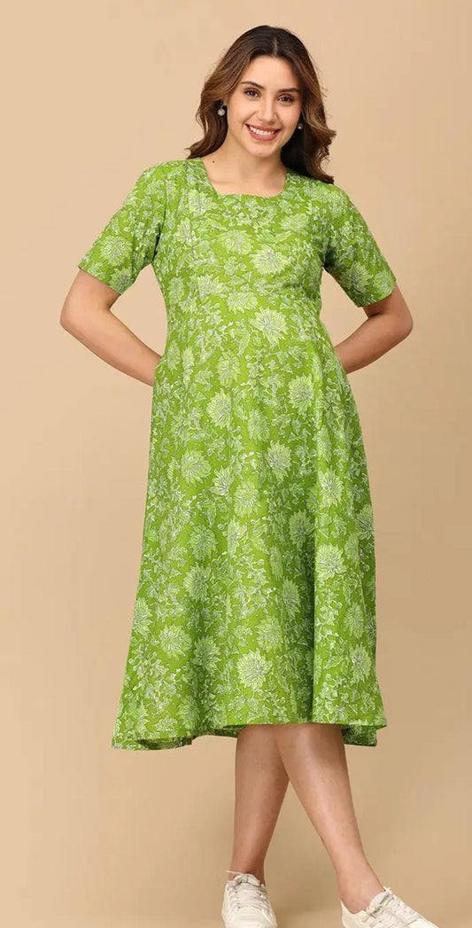 Miravan Womens Maternity Floral Print Fit and Flare Midi Dress