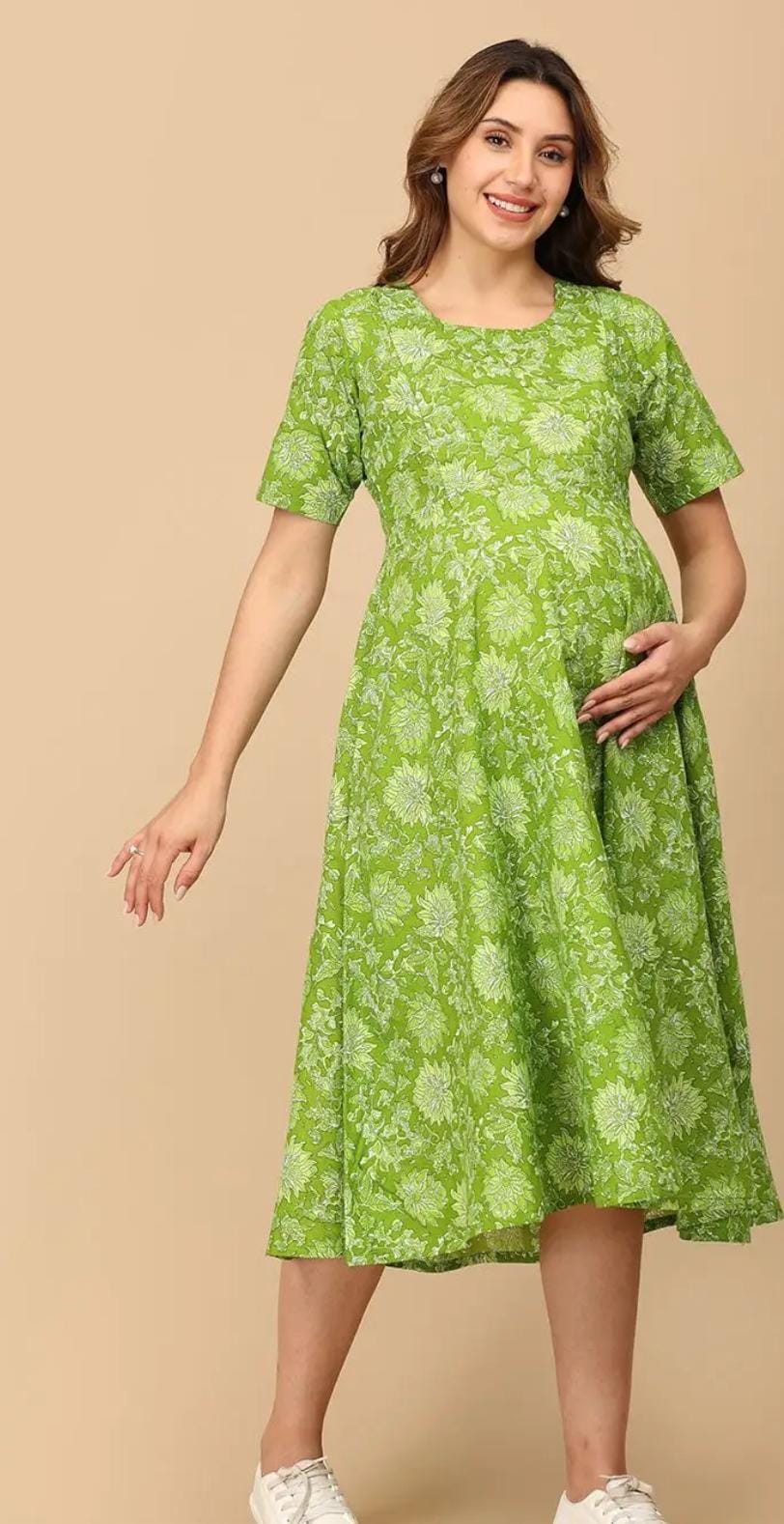 Miravan Womens Maternity Floral Print Fit and Flare Midi Dress