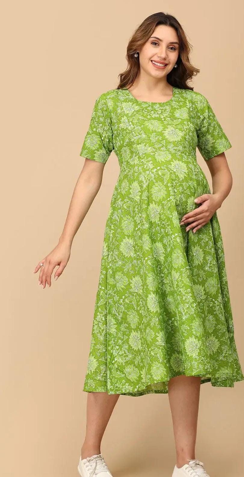 Miravan Womens Maternity Floral Print Fit and Flare Midi Dress