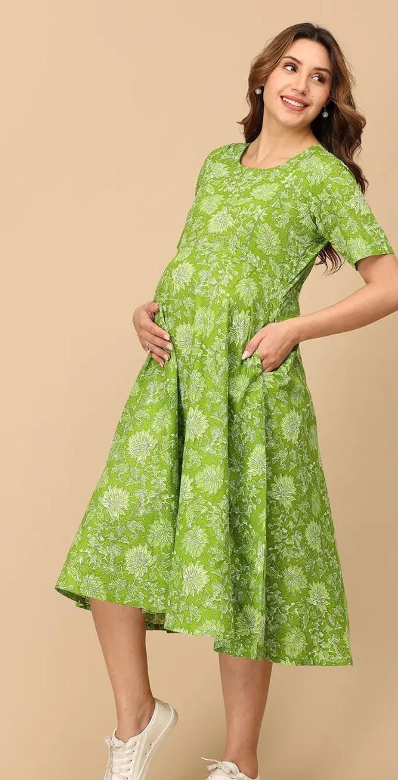 Miravan Womens Maternity Floral Print Fit and Flare Midi Dress