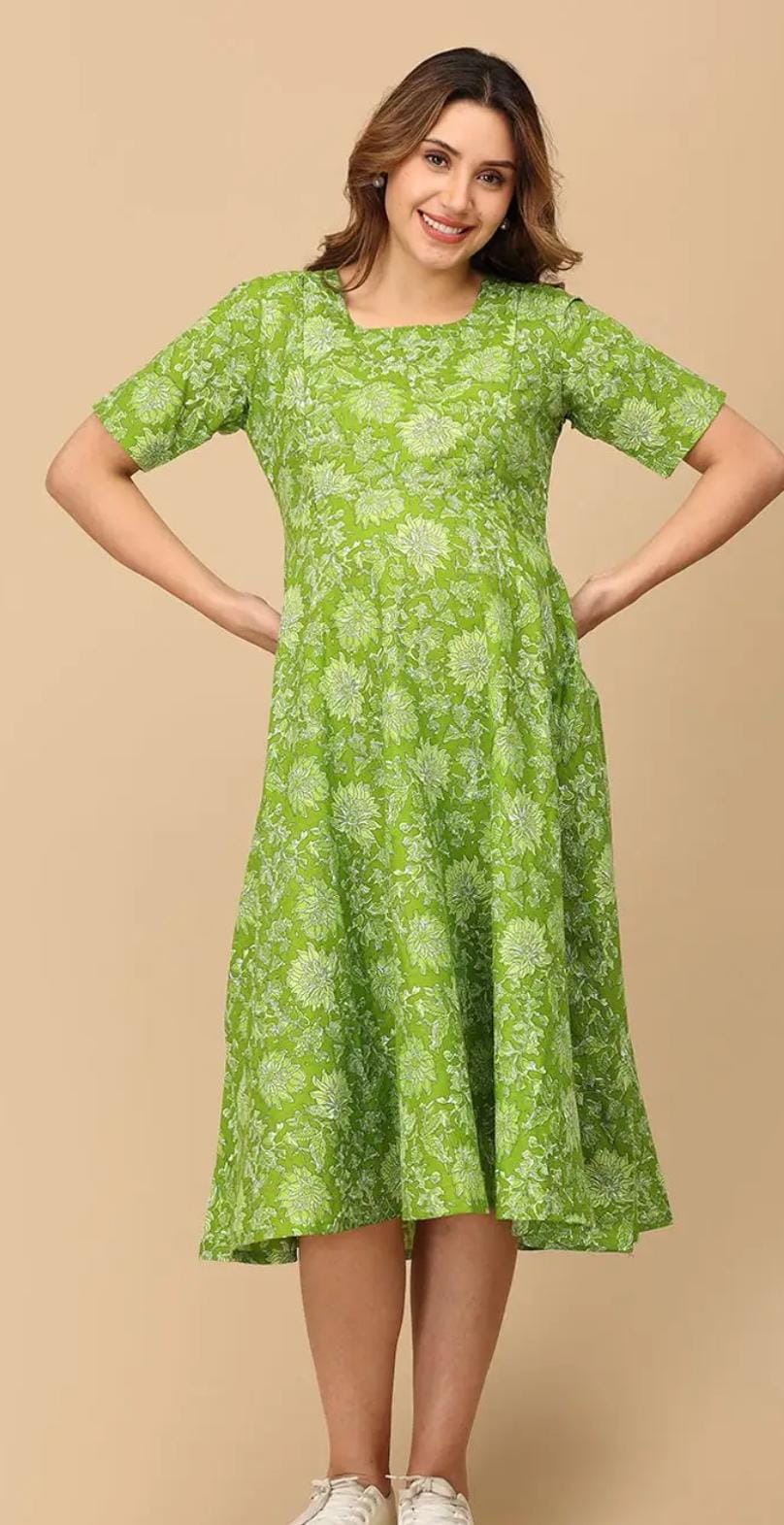 Miravan Womens Maternity Floral Print Fit and Flare Midi Dress