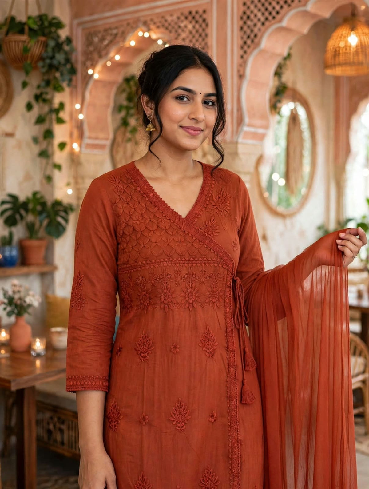 Miravan Rust Orange Embroidered Angrakha Style Kurta with Palazzo & Dupatta for Women