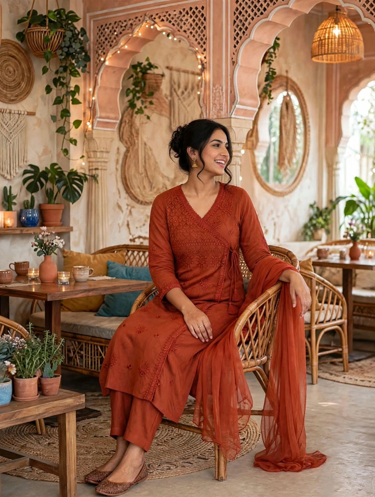 Miravan Rust Orange Embroidered Angrakha Style Kurta with Palazzo & Dupatta for Women