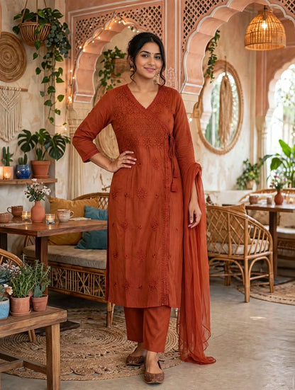 Miravan Rust Orange Embroidered Angrakha Style Kurta with Palazzo & Dupatta for Women