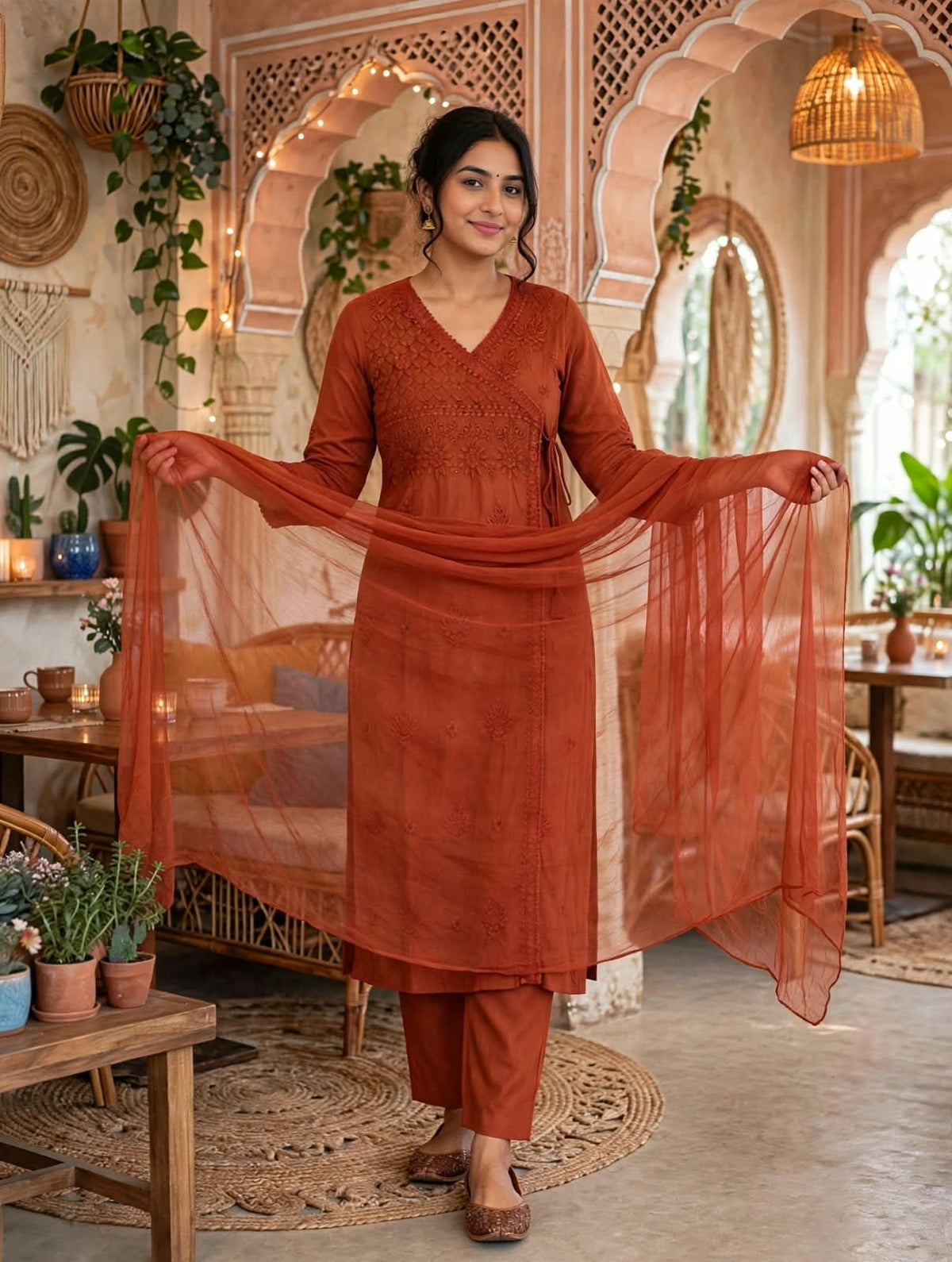 Miravan Rust Orange Embroidered Angrakha Style Kurta with Palazzo & Dupatta for Women