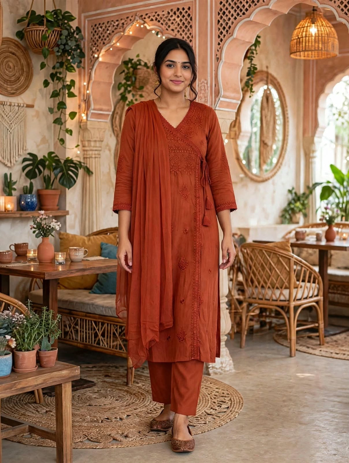 Miravan Rust Orange Embroidered Angrakha Style Kurta with Palazzo & Dupatta for Women