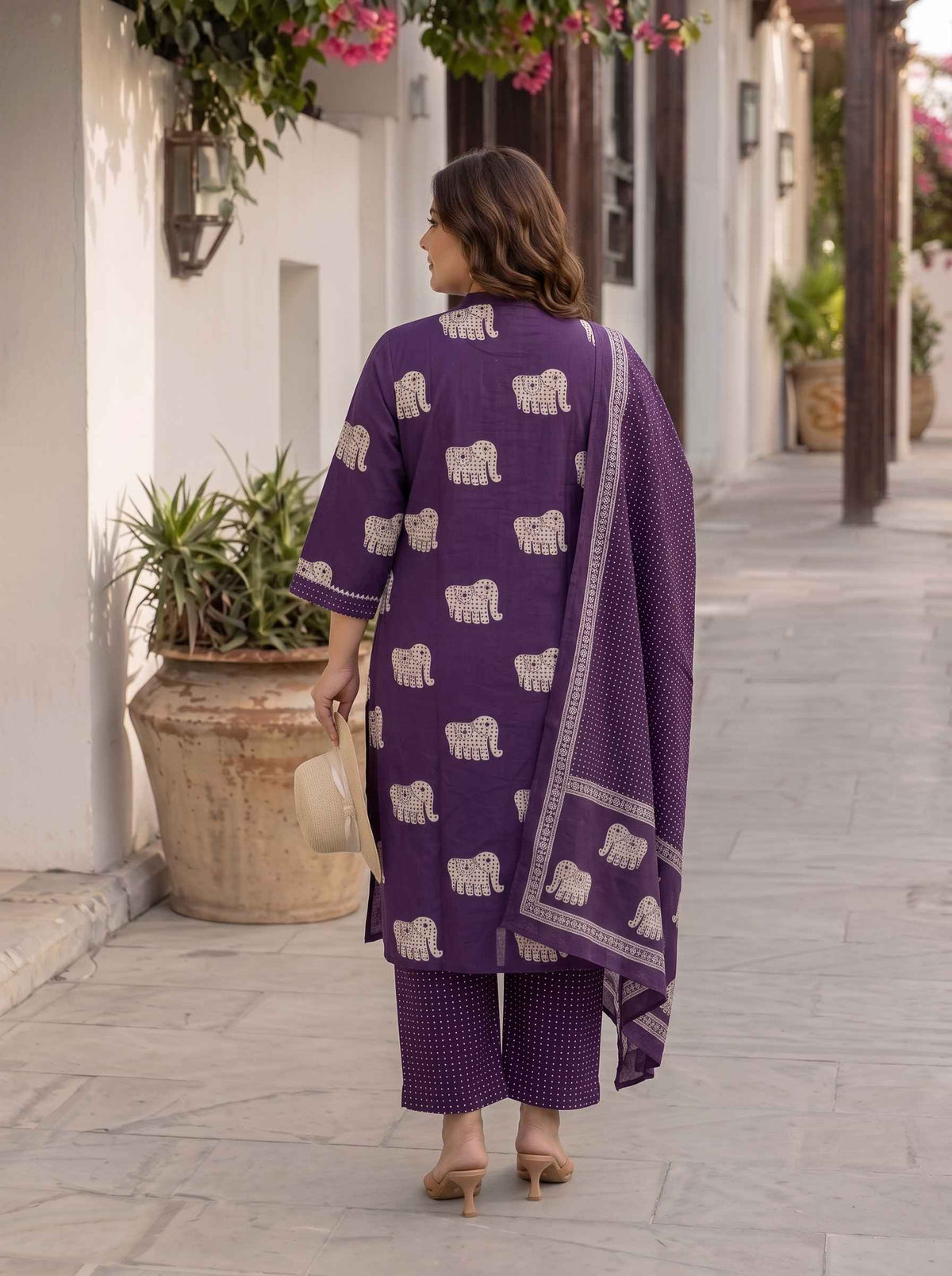 Miravan Womens Plus Size Purple Cotton Animal Print Kurta with Palazzo and Dupatta