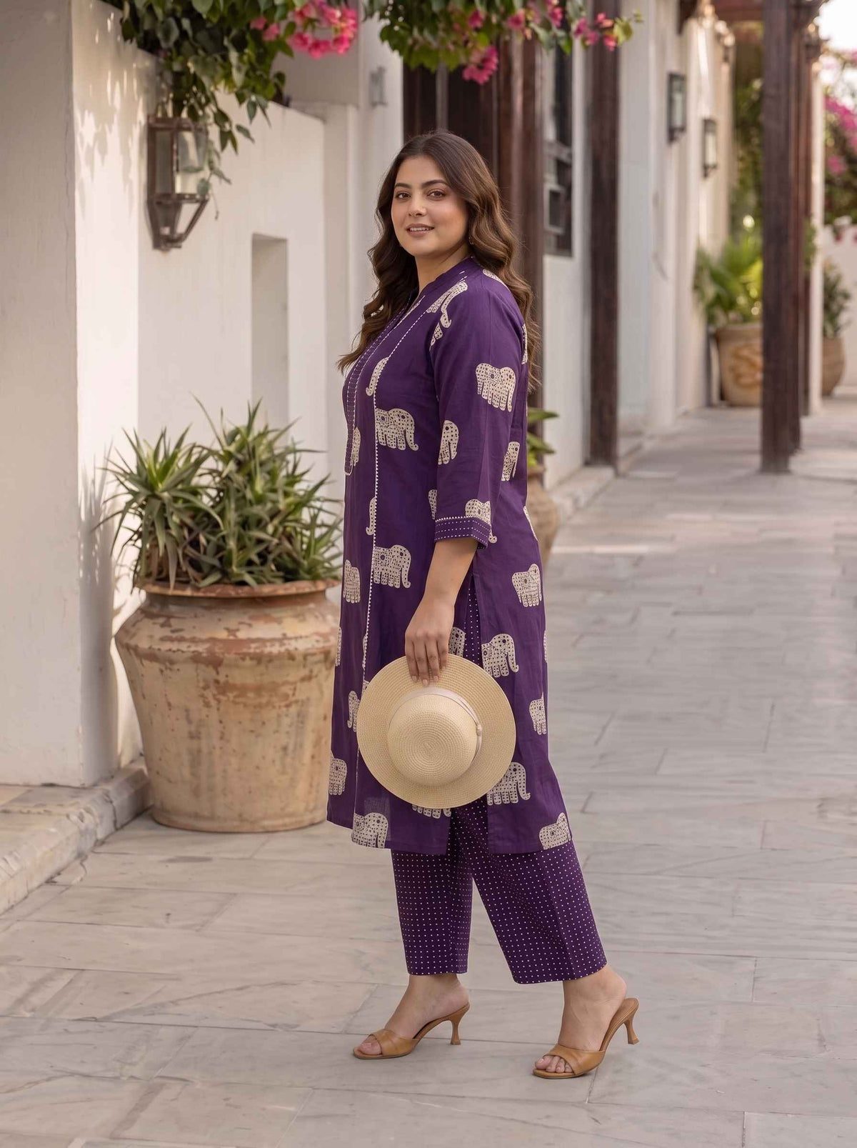 Miravan Womens Plus Size Purple Printed Kurta with Palazzo
