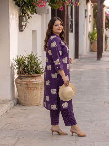 Miravan Womens Plus Size Purple Printed Kurta with Palazzo