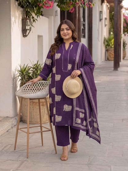 Miravan Womens Plus Size Purple Cotton Animal Print Kurta with Palazzo and Dupatta
