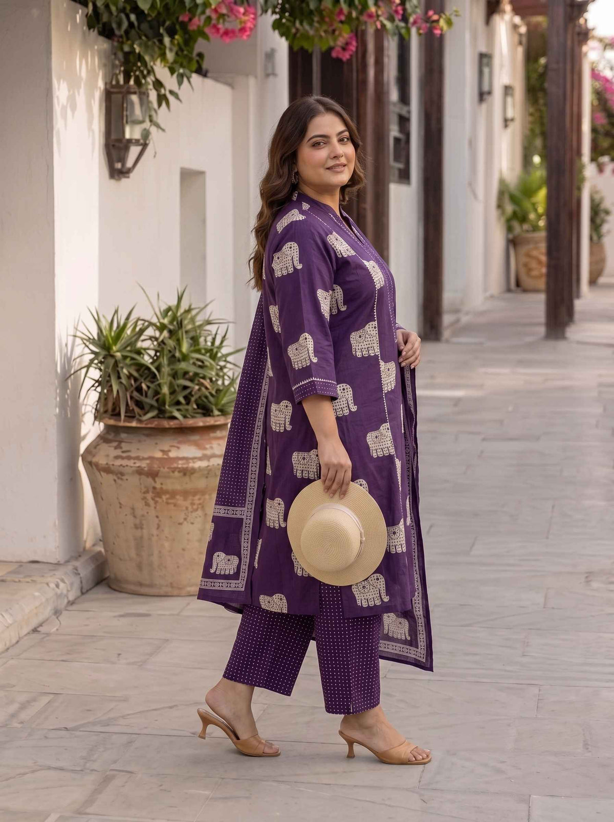 Miravan Womens Plus Size Purple Cotton Animal Print Kurta with Palazzo and Dupatta