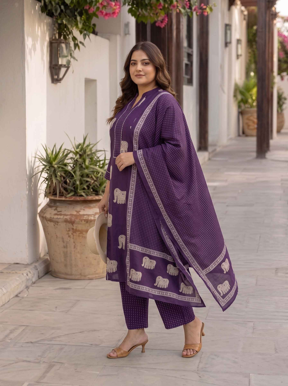 Miravan Womens Plus Size Purple Cotton Animal Print Kurta with Palazzo and Dupatta