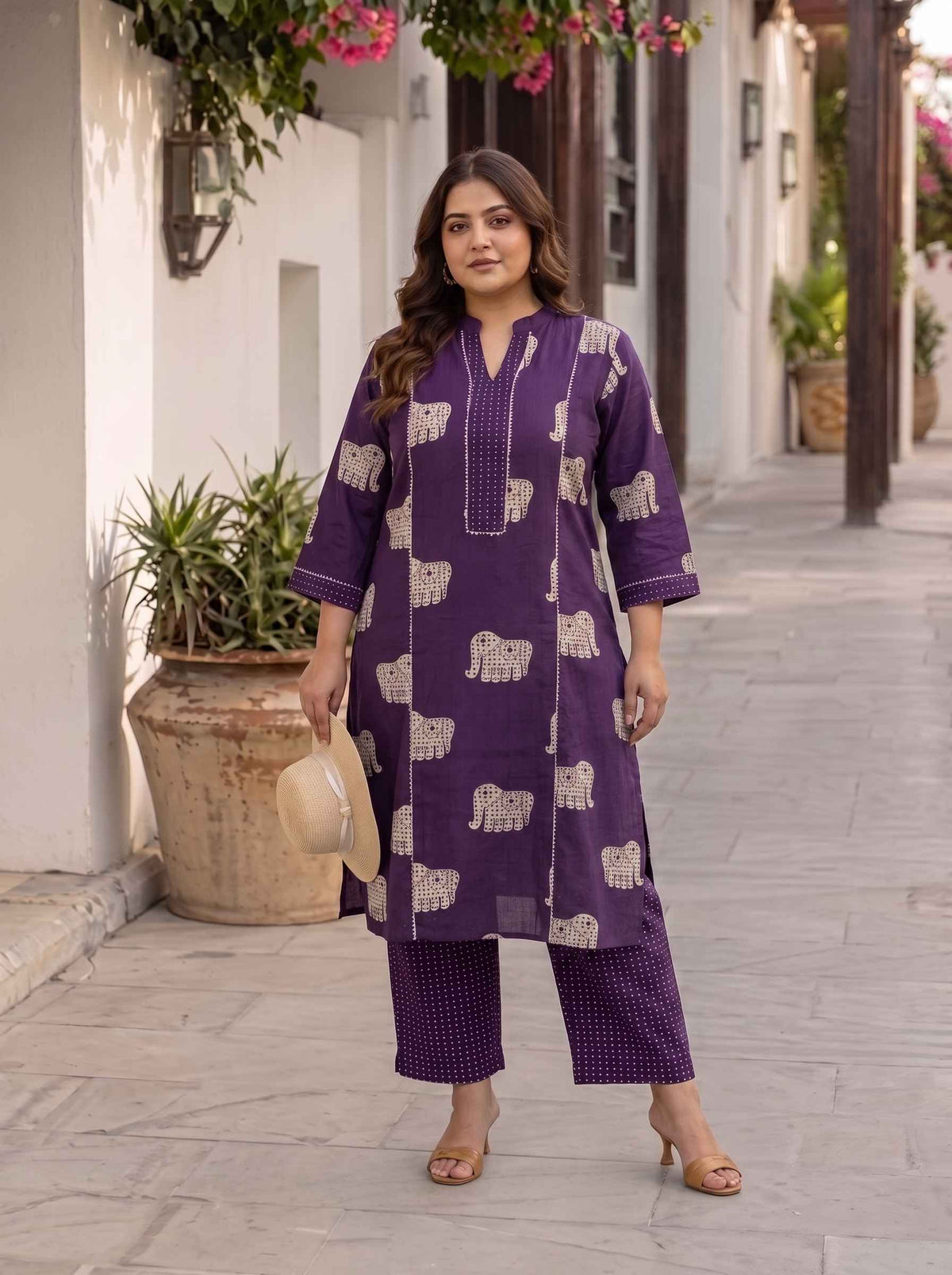 Miravan Womens Plus Size Purple Printed Kurta with Palazzo