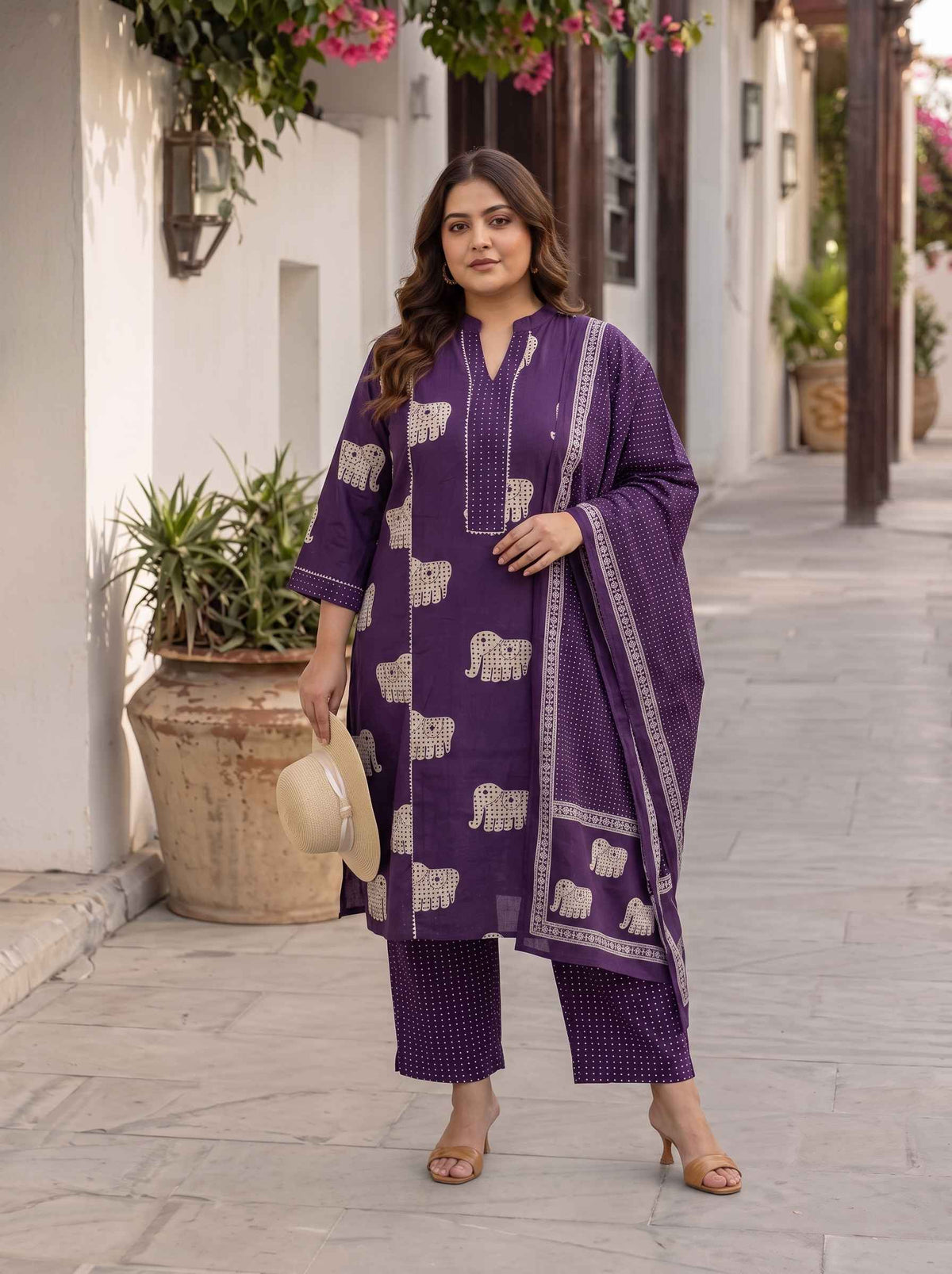 Miravan Womens Plus Size Purple Cotton Animal Print Kurta with Palazzo and Dupatta