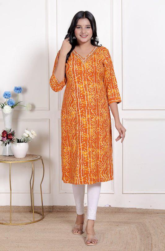 Miravan Womens Yellow Bandhani Printed Straight Kurti