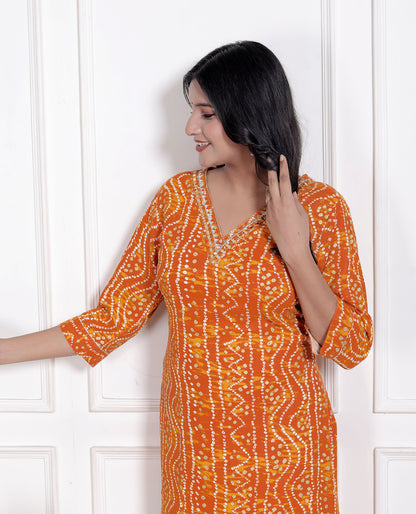 Miravan Womens Yellow Bandhani Printed Straight Kurti