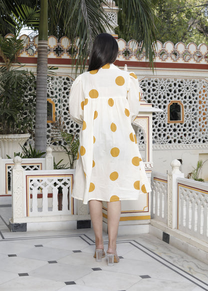 Miravan Womens Polka Dot Printed Collar Neck Yellow Loose Fit A-Line Tiered Dress