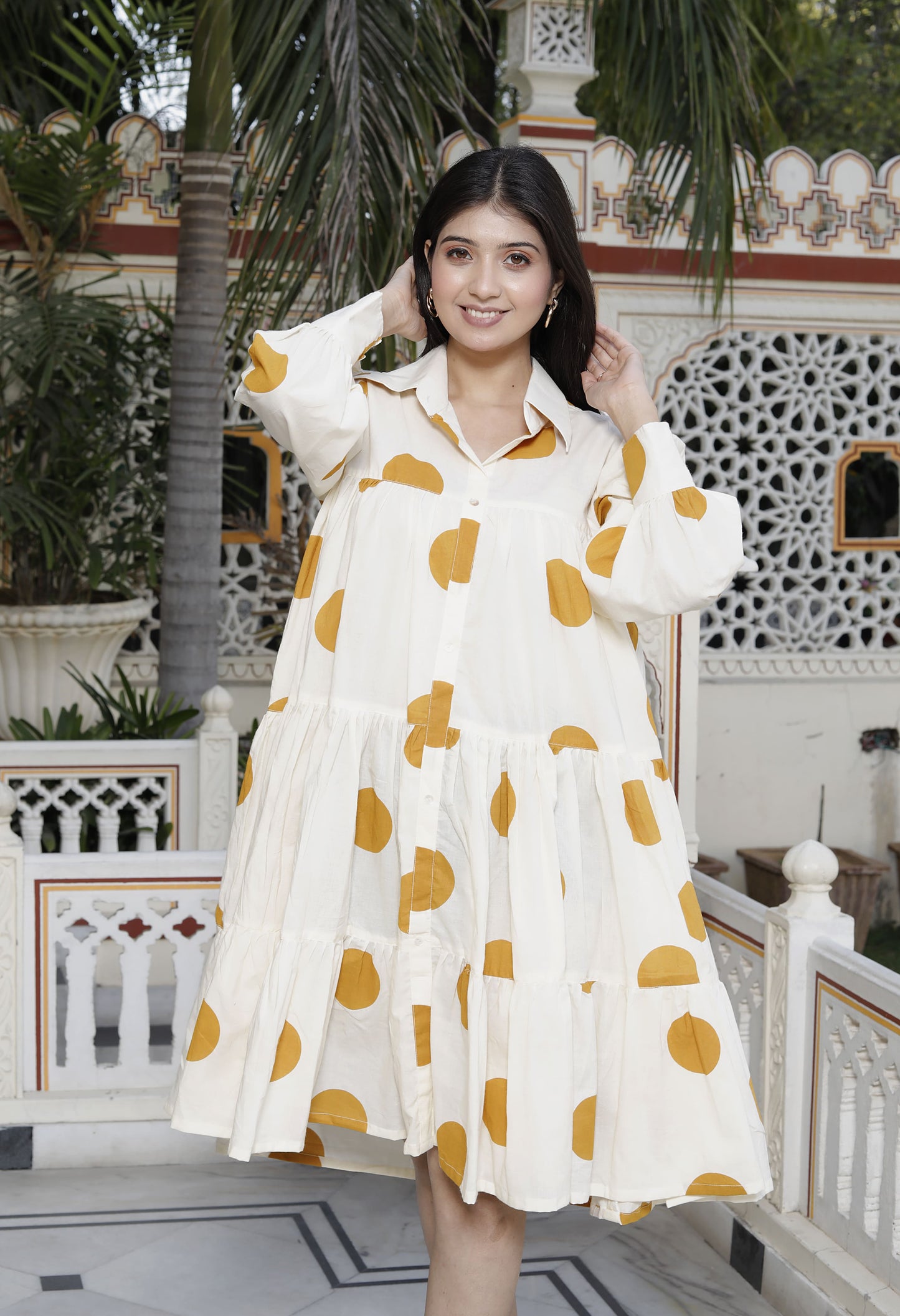 Miravan Womens Polka Dot Printed Collar Neck Yellow Loose Fit A-Line Tiered Dress