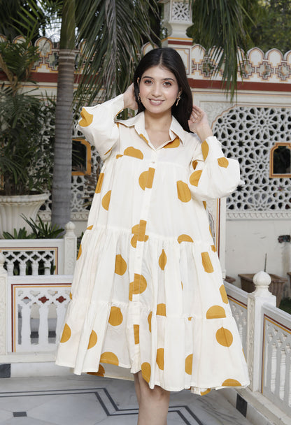 Miravan Womens Polka Dot Printed Collar Neck Yellow Loose Fit A-Line Tiered Dress