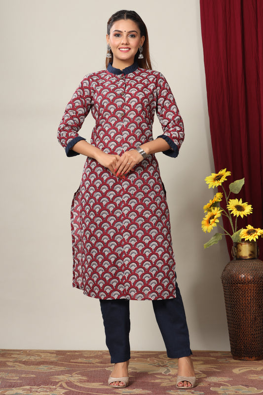 Miravan Womens Maroon & Navy Blue Printed Pure Cotton Kurti