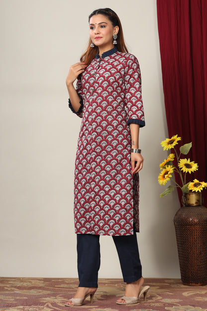 Miravan Womens Maroon & Navy Blue Printed Pure Cotton Kurti