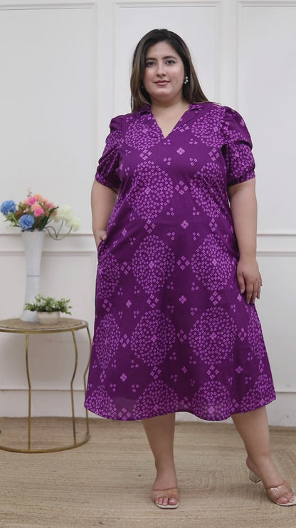 Miravan Plus Size Womens Purple Bandhni printed A-Line Maxi Dress