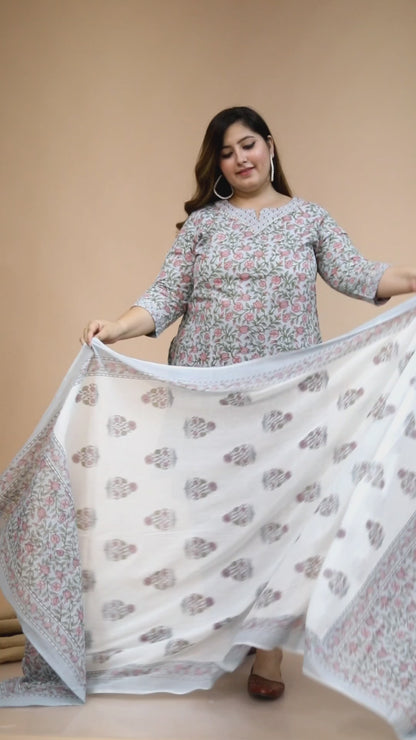 Women's Plus Size Blue Floral Printed Gota Patti Cotton Kurta With Palazzo And Dupatta Set - Miravan