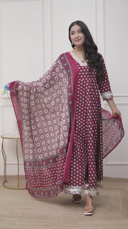 Miravan Women's Maroon embroidered Anarkali Kurta and Dupatta