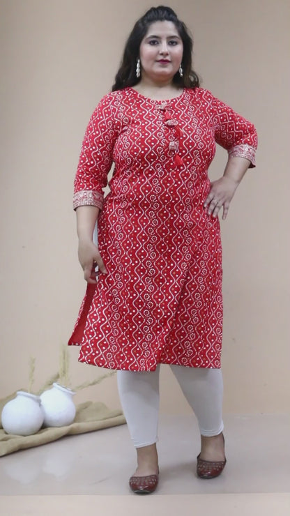 Women'S Plus Size Festive Wear Red Bandhani Printed Straight Kurta - Miravan