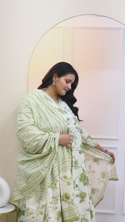 Women's Plus Size Cotton Floral Print Green Anarkali Kurta And Palazzo Set - Miravan