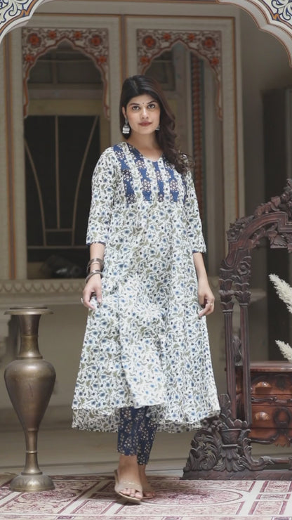 Women's Blue Floral Printed Anarkali Pure Cotton Kurta With Palazzo Set - Miravan