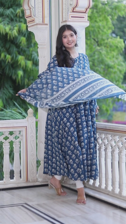 Women's Blue Cotton Floral Print Anarkali Kurta With Dupatta - Miravan