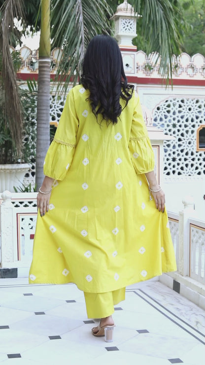 Women's Cotton Embroidered & Lace Embellished Yellow Bandhani Printed Kurta Palazzo Set - Miravan