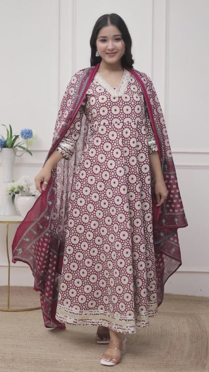 Miravan Women's Cream Embroidered Cotton Anarkali Kurta and Dupatta