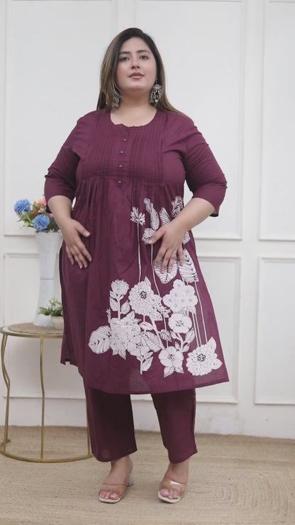 Miravan womens plus size Wine Floral Kurta with Palazzo