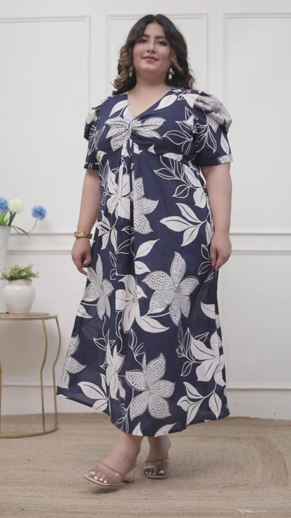 Miravan Womens Plus Size Blue Flower Printed Puff Sleeve Pure Cotton Fit V Neck Butterfly Middi Dress