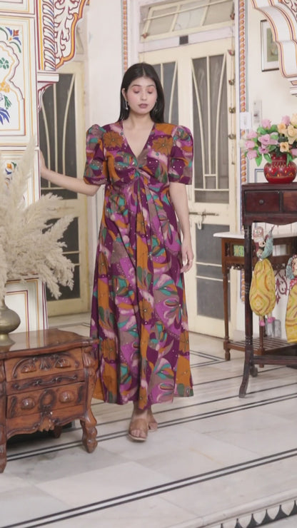 Miravan Womens Floral Print Puff Sleeve Pure Cotton Fit Flare Magenta Butterfly Maxi Dress