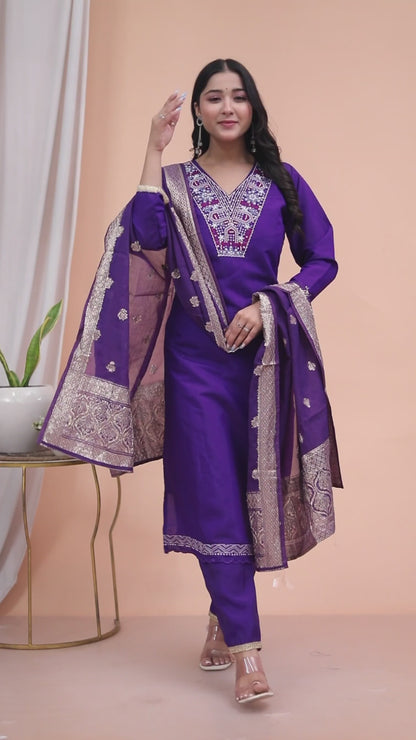 Miravan Womens Purple Muslin Stright kurta and palazzo with dupatta Suit set