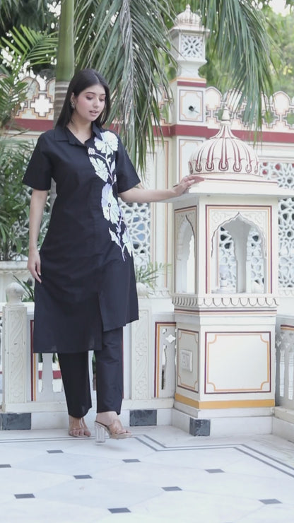 Miravan Womens Black Pure Cotton Floral Embroidered High Low Co-Ord Set